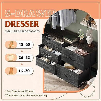 WLIVE Black Dresser for Bedroom, 5 Fabric Chest of Drawers | Black 5-drawer wide fabric dresser with steel frame, modern storage for bedroom living room home closet