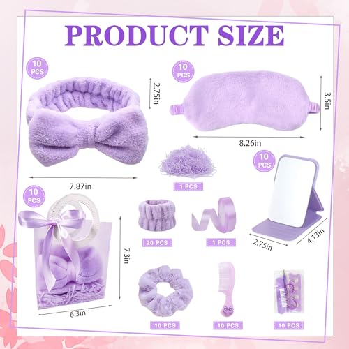 92 Pcs Spa Sleepover Party Supplies for Girls, Include Skincare Headband Set Scrunchie Eye Mask, Mirror Hair, Comb, Nail Care Gift Bags for Spa Slumber Birthday Party Favors Supplies (Purple)