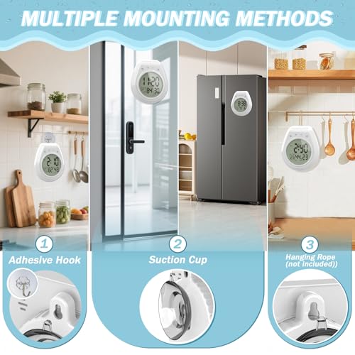 Shower Clock Timer Waterproof, Digital Bathroom Wall Clock with Temperature | w/Date, Suction Cup, for Mirror, Bath, Kitchen, Battery Operated, White