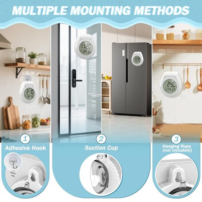 Shower Clock Timer Waterproof, Digital Bathroom Wall Clock with Temperature | w/Date, Suction Cup, for Mirror, Bath, Kitchen, Battery Operated, White