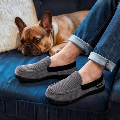 HomeTop Men's Knit Moccasin Slippers Memory Foam House Shoes Indoor Outdoor | Breathable,Indoor,Outdoor,Fleece Lining,Machine-washable,Non-slip