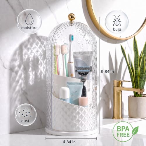 Toothbrush Holder with Cover for Bathroom Countertop, Organizer, White | Rotating 3 Slot Holder for Electric Toothbrushes, Toothpaste, Self Draining Vanity Organizer, Makeup Brush Storage
