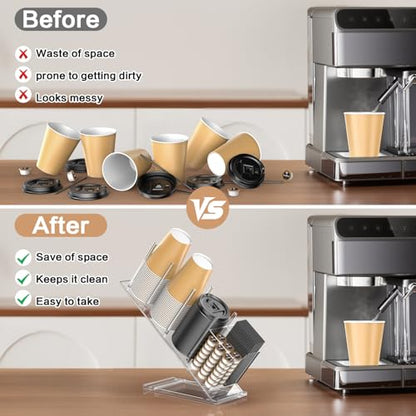 Acrylic Cup and Lid Holder with Straw Organizer | Adjustable Coffee Cup Holder Organizer, 5 Compartment Cup Dispenser for Disposable Paper & Plastic Cups, for Home Countertop