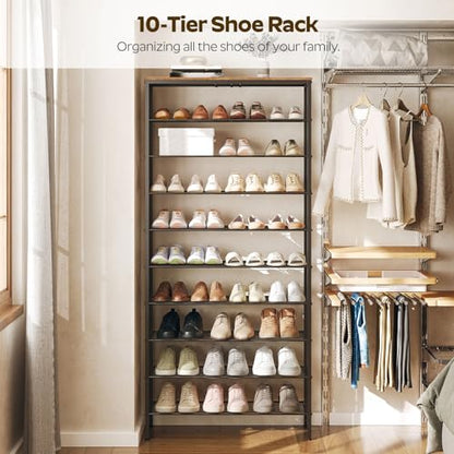 10 Tier Shoe Rack, Large Capacity Shoe Storage Organizer Holds 40 Pairs, Sturdy and Stable, for Entryway, Hallway, Closet, Dorm Room, Rustic Brown SS10BR
