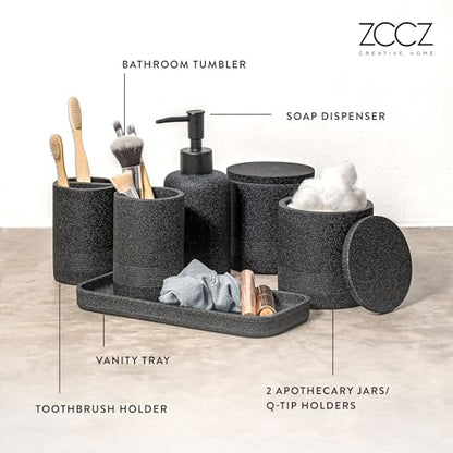 Black Stone Bathroom Accessories Set 6 Pieces - Toothbrush Holder, Lotion Dispenser, Qtip Container, Vanity Tray, Tumbler - Countertop Organizer for Bathrooms - Elegant and Functional Décor Set