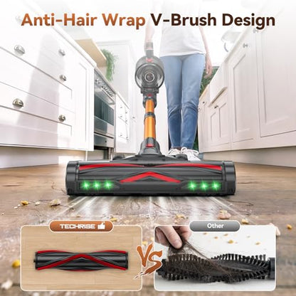 TechRise Cordless Vacuum Cleaner 650W 55KPa with Green Headlight | 70-Min Runtime, Anti-Tangle Brush, 8-in-1 Filter,LED Display,Handheld Design for Pet Hair, Carpet, Hard Floor and Home