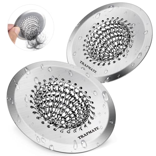 TRAPMATE 2PCS Bathtub Drain Strainer, 2.8" Patented Reversible Shower Tub Drain Hair Catcher, 304 Stainless Steel Drain Cover Protector fits Bathtub & Wash Basin, for Drains Under 2.5 Inches