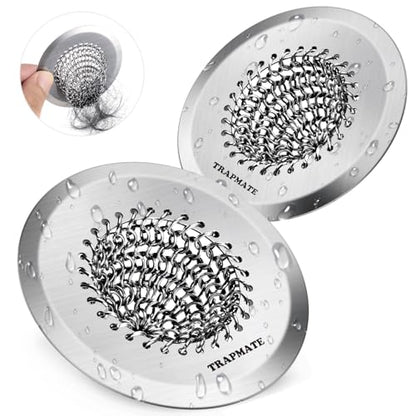 TRAPMATE 2PCS Bathtub Drain Strainer, 2.8" Patented Reversible Shower Tub Drain Hair Catcher, 304 Stainless Steel Drain Cover Protector fits Bathtub & Wash Basin, for Drains Under 2.5 Inches