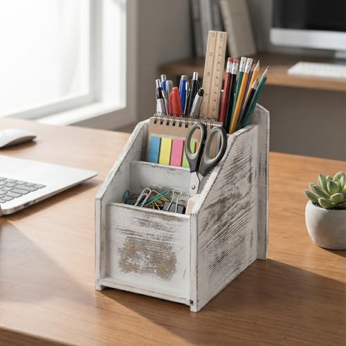 MyGift Whitewashed Wood TV Remote Control Holder with 3 Compartments | Modern Farmhouse Decor, Tabletop Media Remote Caddy/Organizer/Storage Box for Living Room, Coffee Table