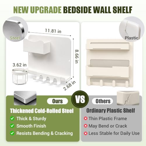 Floating Bedside Wall Shelf, Metal Bedside Wall Organizer with Detachable Cup Holder, No Drill Wall Mounted Storage for Bedroom, Dorm, Loft Bed, Bunk Bed & Small Space Organization