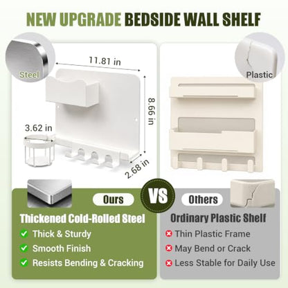 Floating Bedside Wall Shelf, Metal Bedside Wall Organizer with Detachable Cup Holder, No Drill Wall Mounted Storage for Bedroom, Dorm, Loft Bed, Bunk Bed & Small Space Organization