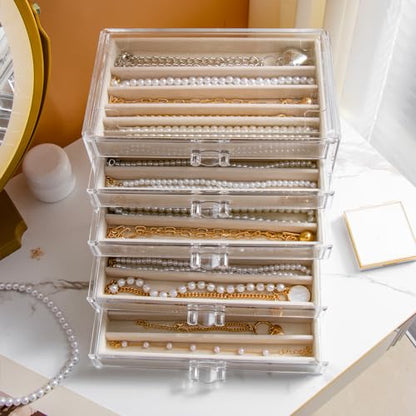 YUFONG Necklace Holder Organizer, Dustproof Necklace Box Velvet Necklace Organizer Box with Lid Clear Acrylic Dustproof Stackable Jewelry Displays for Necklaces Chain Display (Beige, 5 Drawer)