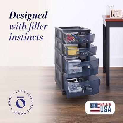 Homz 4 Drawer Plastic Storage and Organizer Cart, Rolling Cabinet for Home, Office, Classroom, Craft, Art Supplies, Black Frame/Tinted Drawers | Plastic Organizer with Clear Bin Drawers for Bedroom, Bathroom, Home Office, and Dorm Rooms