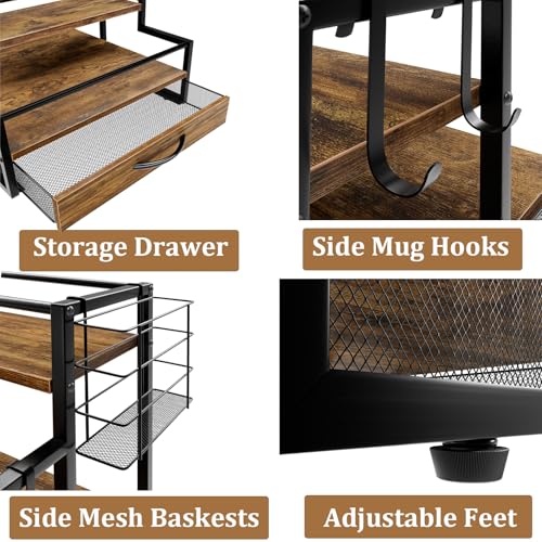 4 Tier Countertop Coffee Syrup Rack Organizer with 36 K Cup Storage | Wooden Sturdy and Space-Saving Coffee Bar Organizer with Drawer Condiment Storage Shelves for Kitchen Home Office Restaurant