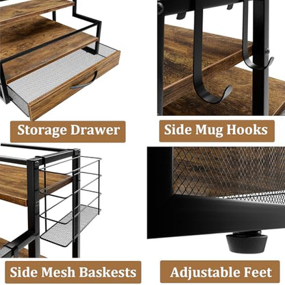 4 Tier Countertop Coffee Syrup Rack Organizer with 36 K Cup Storage | Wooden Sturdy and Space-Saving Coffee Bar Organizer with Drawer Condiment Storage Shelves for Kitchen Home Office Restaurant