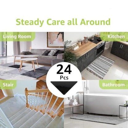 Rabenda Rug Tape Gripper for Hardwoods Floor No Damage, 24 Pcs Carpet Tape | Double Sided Rug Stickers for Wood Floor, Non Slip Rug Pads for Area Rugs, Reusable, Keeps Corners Flat, Washable, Black