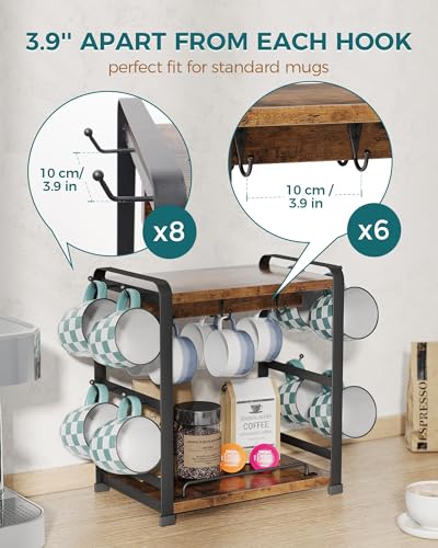 OROPY Coffee Mug Holder Countertop, Mug Rack 2 Tier Shelf & 14 Mug Hooks | Wooden Coffee Bar Station Organizer, Multi-functional Coffee Bar Accessories for Kitchen, Vintage Brown