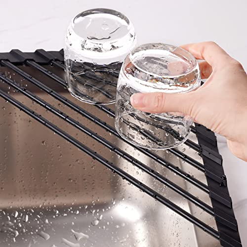 Tomorotec Triangle Roll Up Dish Drying Rack with Silicone Coating, Black | 304 Stainless Steel with BPA-Free Silicone, Triangle Design Maximizes Sink Corner Space, Fits Compact Kitchens And RVs
