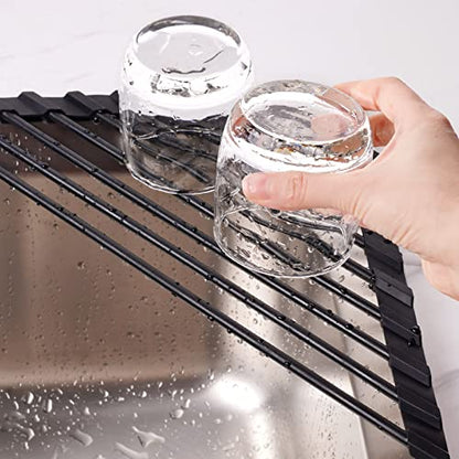 Tomorotec Triangle Roll Up Dish Drying Rack with Silicone Coating, Black | 304 Stainless Steel with BPA-Free Silicone, Triangle Design Maximizes Sink Corner Space, Fits Compact Kitchens And RVs