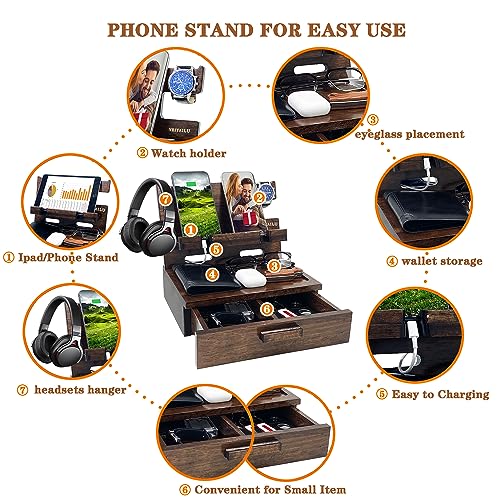 VEIYAILU Gifts for Men Women Husband Son Boyfriend Him Nightstand Organizer Wood Phone Docking Station Birthday Gifts (Walnut)