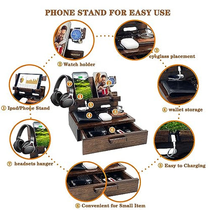 VEIYAILU Gifts for Men Women Husband Son Boyfriend Him Nightstand Organizer Wood Phone Docking Station Birthday Gifts (Walnut)