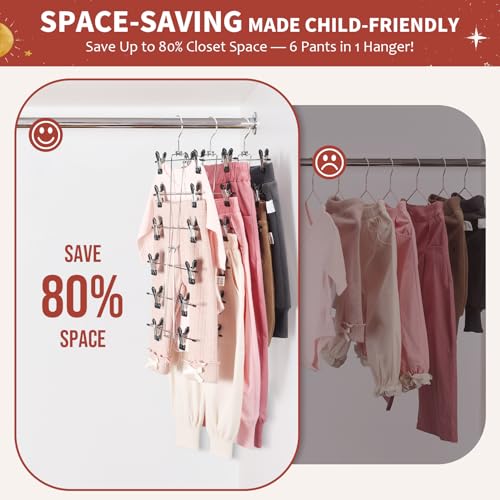 DOIOWN Kids Hangers,6-Tier Space Saving Baby Pants Hangers with Clips | Adjustable Stainless Steel Toddler Hangers for Pants, Skirts and Clothes,Space Saving Kids Closet Organization,Black