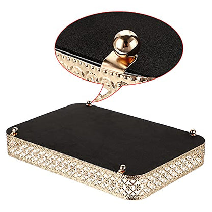 ELLDOO Gold Mirror Glass Perfume & Makeup Vanity Tray, Medium Size | Hollow-Carved Jewelry Storage, Metal Trinket Organizer for Dresser Bathroom Countertop Home Decor