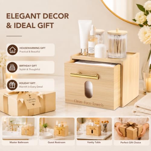 Bamboo Face Towel Holder Set with 2 Cotton Jars & 60 XL Disposable Wipes | Space-Saving Vanity Organizer Box with Dust-Proof Dispensing Drawer for Facial Towelettes & Wipes, Ideal Skincare Gift
