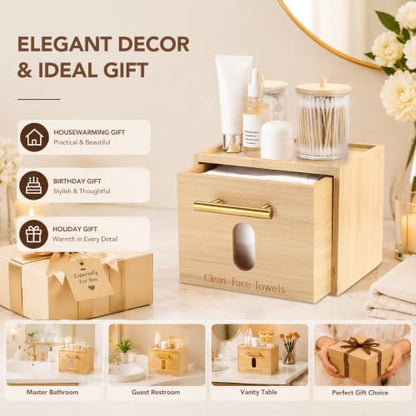 Bamboo Face Towel Holder Set with 2 Cotton Jars & 60 XL Disposable Wipes | Space-Saving Vanity Organizer Box with Dust-Proof Dispensing Drawer for Facial Towelettes & Wipes, Ideal Skincare Gift