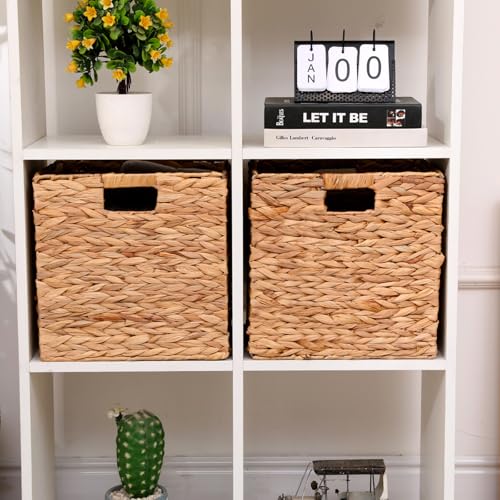 12x12x12 Inch Wicker Storage Basket Set of 2 Foldable Hyacinth Storage Box | Handmade Woven Basket for Closet,Shelf Organization & Decor - Natural