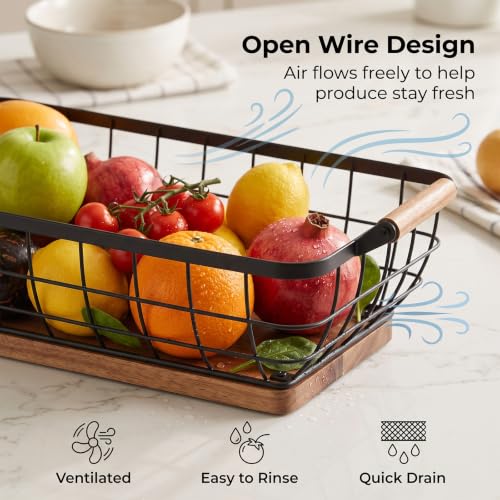 Rectangular Fruit Basket with Banana Hanger,Metal Wire Fruits Bowl with Wooden Base,Kitchen Table Organizer,Black Fruit Bowl for Kitchen Counter,Vegetable Bowls for Fruits, Veggies, Snacks.