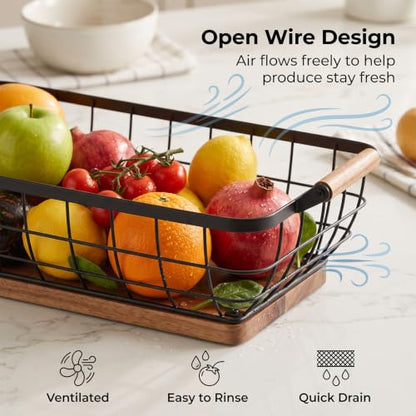 Rectangular Fruit Basket with Banana Hanger,Metal Wire Fruits Bowl with Wooden Base,Kitchen Table Organizer,Black Fruit Bowl for Kitchen Counter,Vegetable Bowls for Fruits, Veggies, Snacks.