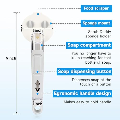 Smile Sponge Dish Wand Holder for Scrub Daddy, Soap Dispensing Handle, Scratch Free Kitchen Handle with Food Scraper