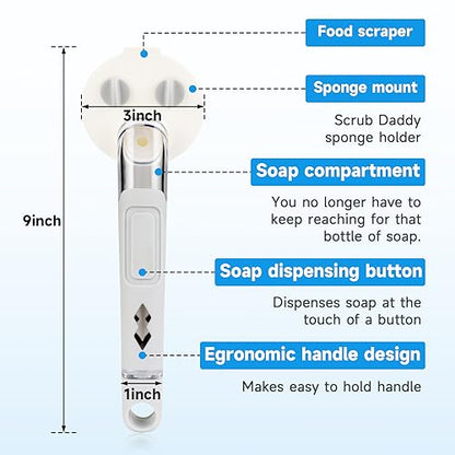 Smile Sponge Dish Wand Holder for Scrub Daddy, Soap Dispensing Handle, Scratch Free Kitchen Handle with Food Scraper