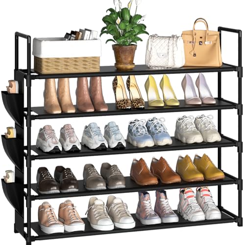 Shoe Rack 5 Tier 20-25 Storage Capacity Shoes Organizer | Closet, Entryway, Garage, Door Entrance, Space Saving Shoes Holder Stand, Sturdy Metal Free Standing Boot Shelf Tower Black