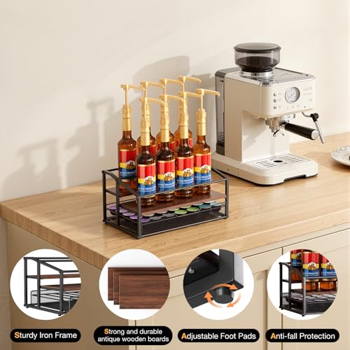 kimilus Coffee Syrup Rack Organizer, 3-Tier 8 Bottle Syrup Rack with 35 K Cup Drawer for Coffee Bar, Countertop Bottle Holder Stand for Dressing for Kitchen Cafe Station