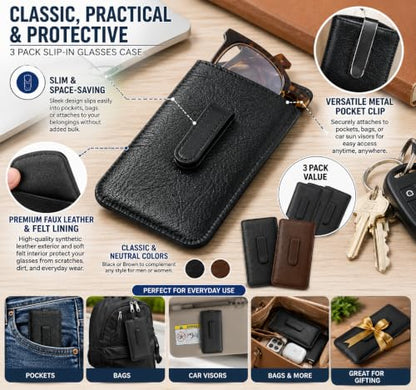 Calabria Soft Slip-In Glasses Case Pocket Metal Clip Black (3 Pack) for Men/Women Synthetic Leather Felt Lining 6.5"x3"