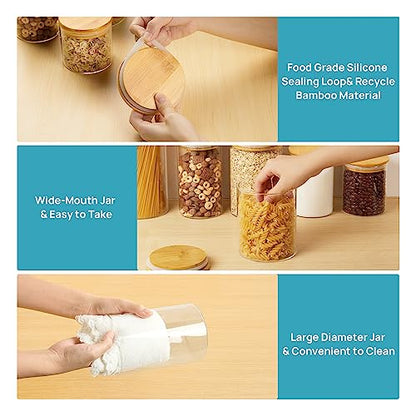 Vtopmart Glass Food Storage Jars, 7 Pack Kitchen Containers with Airtight Bamboo Wooden Lids for Pasta, Cookies, Nuts, Coffee Beans, Cereal, Canisters Set for Flour, Pantry Organization, BPA Free