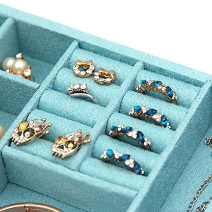 Two-Layer lint Jewelry Box Organizer Display Storage case with Lock (Blue)
