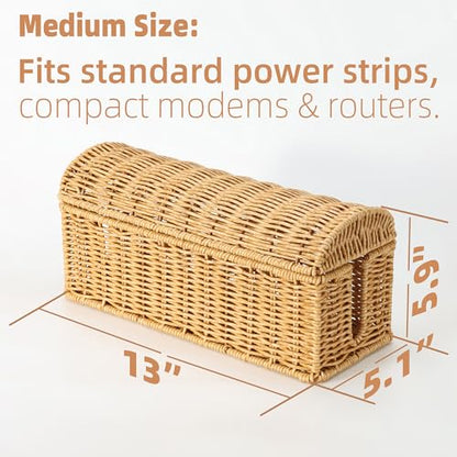 Rattan Cable Management Box, Ventilated Cord Hider with Flip Lid | Hand Woven Craft, Ventilated Heat Dissipation, Easy Access Protective Curved Flip Lid, Boho Woven Decor for Home and Office