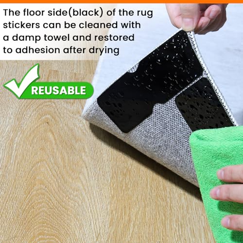 Rug Non Slip Grippers, Reusable Rug Tape Pads for Hardwood Floors, Laminate Floor, Tiles, No Residue on Flooring, Corner Grippers Carpet Tape for Area Rugs, Keep Corners Flat (12)