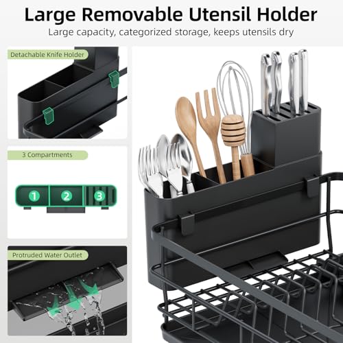TOOLF Expandable Dish Drying Rack for Kitchen Counter, Black | Extendable 12"-22"W, Fast Draining, Large Capacity, Fits Large Plates, Utensil Holder, 3-4 People Family