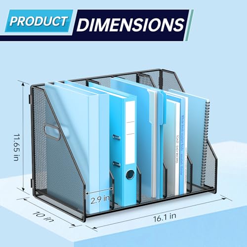 MINDEPOT Desk File Organizer Folder Holder with 5 Vertical for Office Black | Sturdy Metal Mesh, Magazine Folder Holder, Rack File Organizer for Home School, 5 Vertical Compartments