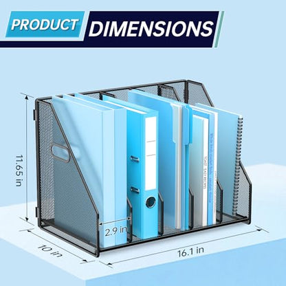 MINDEPOT Desk File Organizer Folder Holder with 5 Vertical for Office Black | Sturdy Metal Mesh, Magazine Folder Holder, Rack File Organizer for Home School, 5 Vertical Compartments