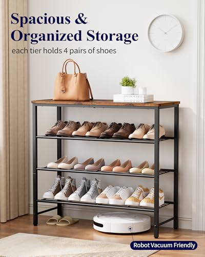 Kitsure Shoe Rack for Closet, Shoe Storage, 29.5" Wide - 4 Tier, Brown | Space-Saving Shoe Organizer with Leveling Feet, Sturdy & Rust-Proof Wooden Shoe Rack for Entryway, Bedroom, Living Room