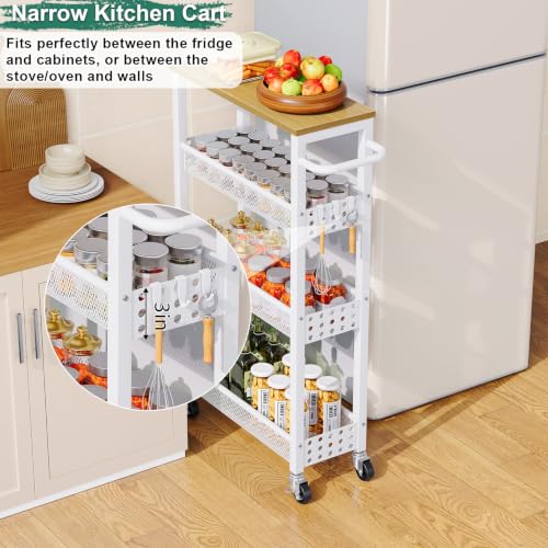 Utility Slim Rolling Cart with Table Top, Narrow Laundry Room Organization and Storage Shelves for Between Washer and Dryer Gap, White Skinny Bathroom Shelf on Wheels,Small Detergent Organizer Cabinet