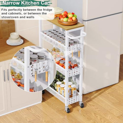 Utility Slim Rolling Cart with Table Top, Narrow Laundry Room Organization and Storage Shelves for Between Washer and Dryer Gap, White Skinny Bathroom Shelf on Wheels,Small Detergent Organizer Cabinet
