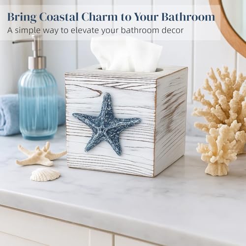 Coastal Tissue Box Cover Wooden Retro with Sliding Bottom Panel Beach Decor for Bathroom Bedroom Living Room,Starfish Decor Suitable for Coastal Gifts Beach House Gifts