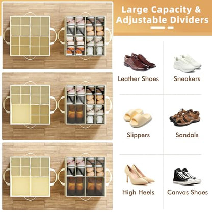 Plus Size 2 Pack Shoe Organizer for Closet, Foldable Shoe Storage Box | 16–24 Pair Shoe Storage for Sneakers, Boots & Heels with Adjustable Dividers, Clear Cover & Space Saving Closet Storage