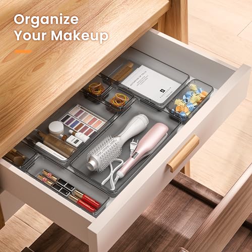 A-LuGei 【Military Grade】 Drawer Organizer,【𝟱𝗦𝗶𝘇𝗲】 Makeup organizer,【Holds 177 Items】 Bathroom Organizers and Storage,Organization and Storage,Desk Drawer Organizer for Vanity【Clear Black】